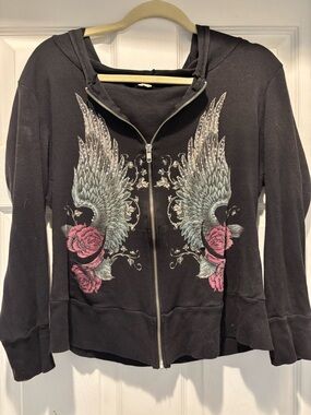 Black Zip-Up Hoodie Wings & Roses Graphic Cropped Style Size Small